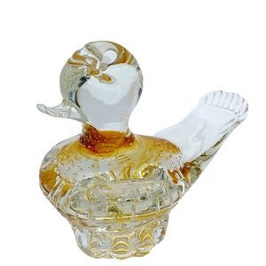 VTG Art Glass Duck Mantorp Sweden Bullicante Bubbles Amber Color 4.5in x 5.5in